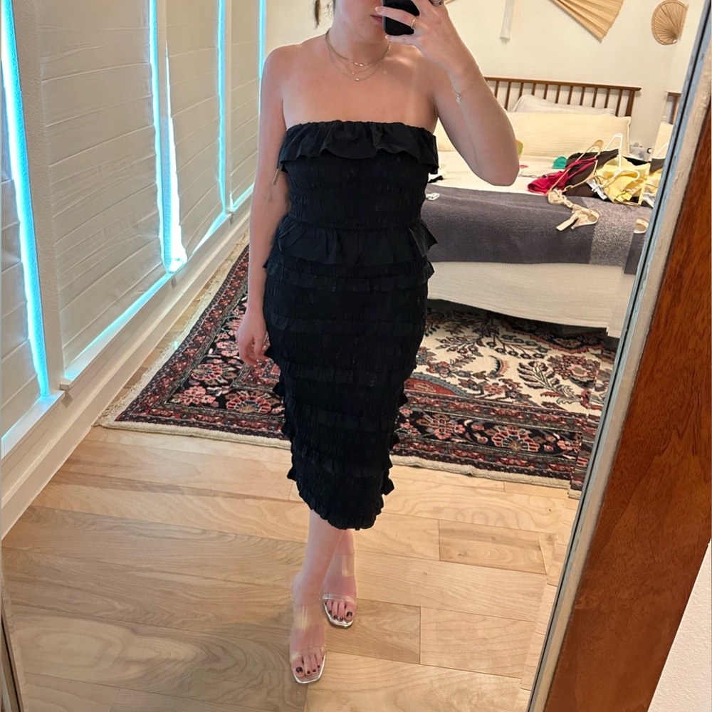 Cleobella Black Strapless Ruffle Smocked Midi Dress